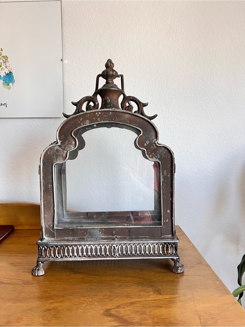 Moroccan Style Metal Lantern Candle Holder 14” Tall Ornate Glass Panel Lantern - Picture 2 of 8